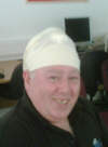Bairdy with a head bandage, looking like a smurf!